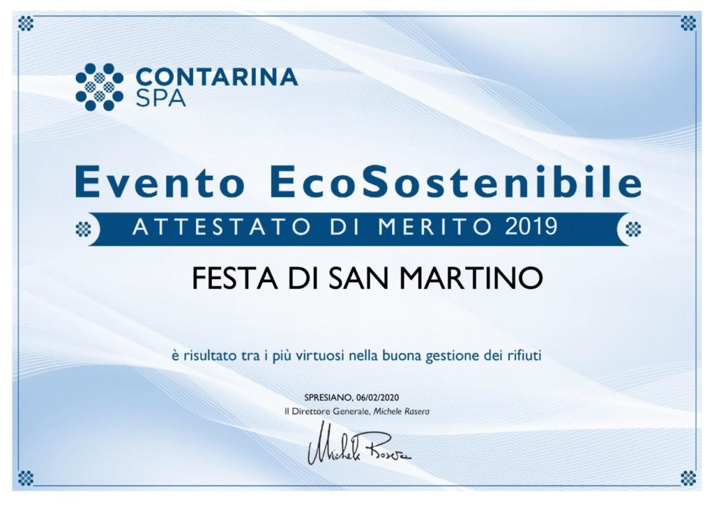 Contarina SpA ci ha conferito l'attestato di Evento EcoSostenibile per la Festa di San Martino 2019! :-D
#StayTuned perchè a breve vi daremo le prime anticipazioni per gli eventi 2020!